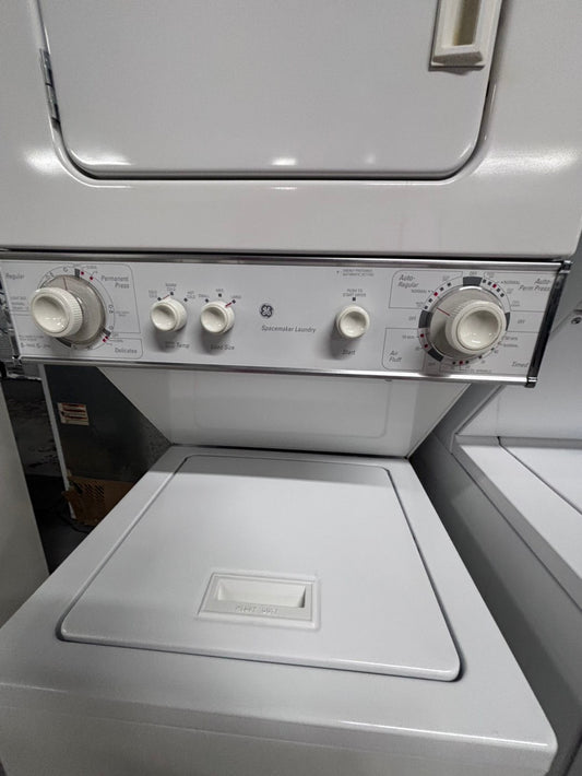 GE stacked laundry center Electric 220v washer & dryer set used -in white 24" #LC8G9PB