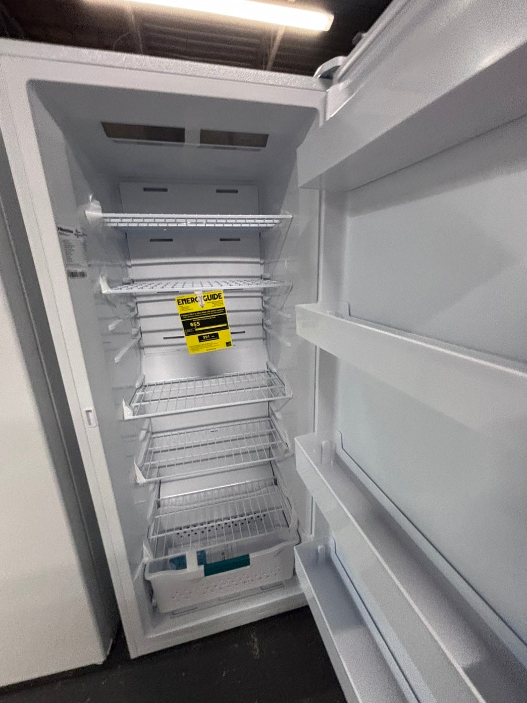 Open box HISENSE upright Freezer in White with Temperature Alarm ENERGY STAR #FZRSSWB