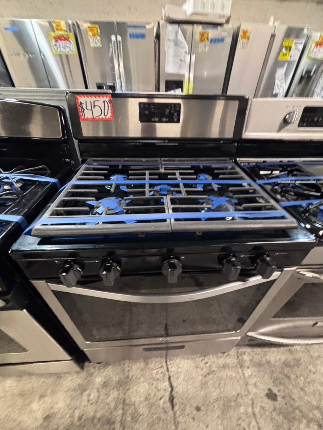 >*whirlpool Gas range 5 burner convection oven bake ,broil Hi/Lo self clean in stainless steel used-Refurbished 30” #SWW746B