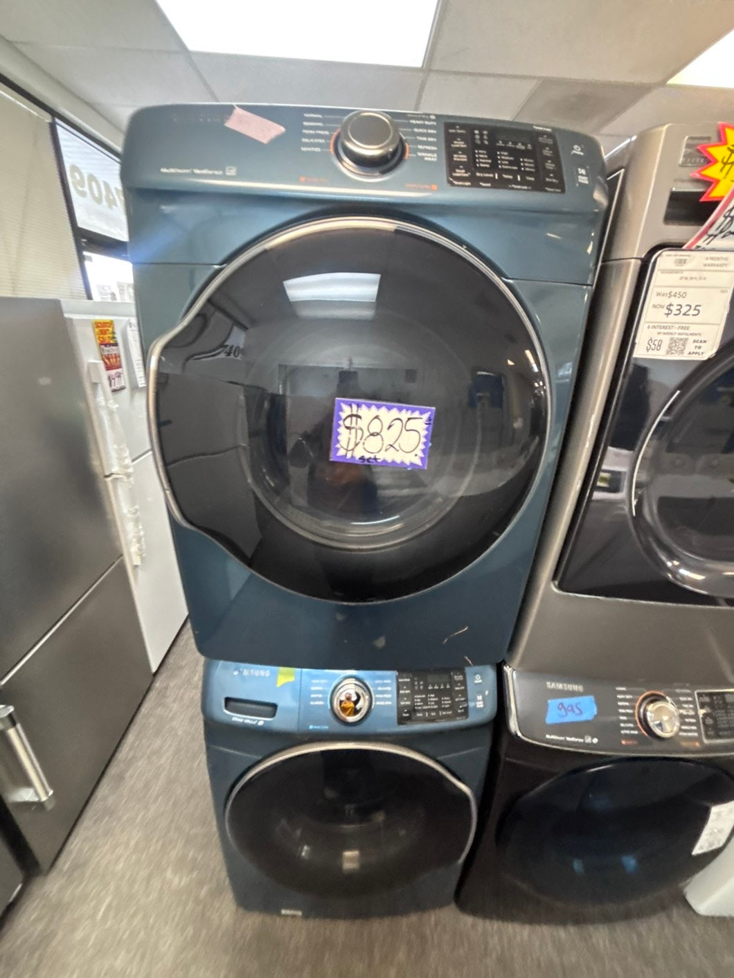 >special price 🔥Samsung washer 4.5 cu ft & dryer 7.5 cu ft set electric 220v front load stackable or side by side - sensor dry He in sky blue color  #WDS411L