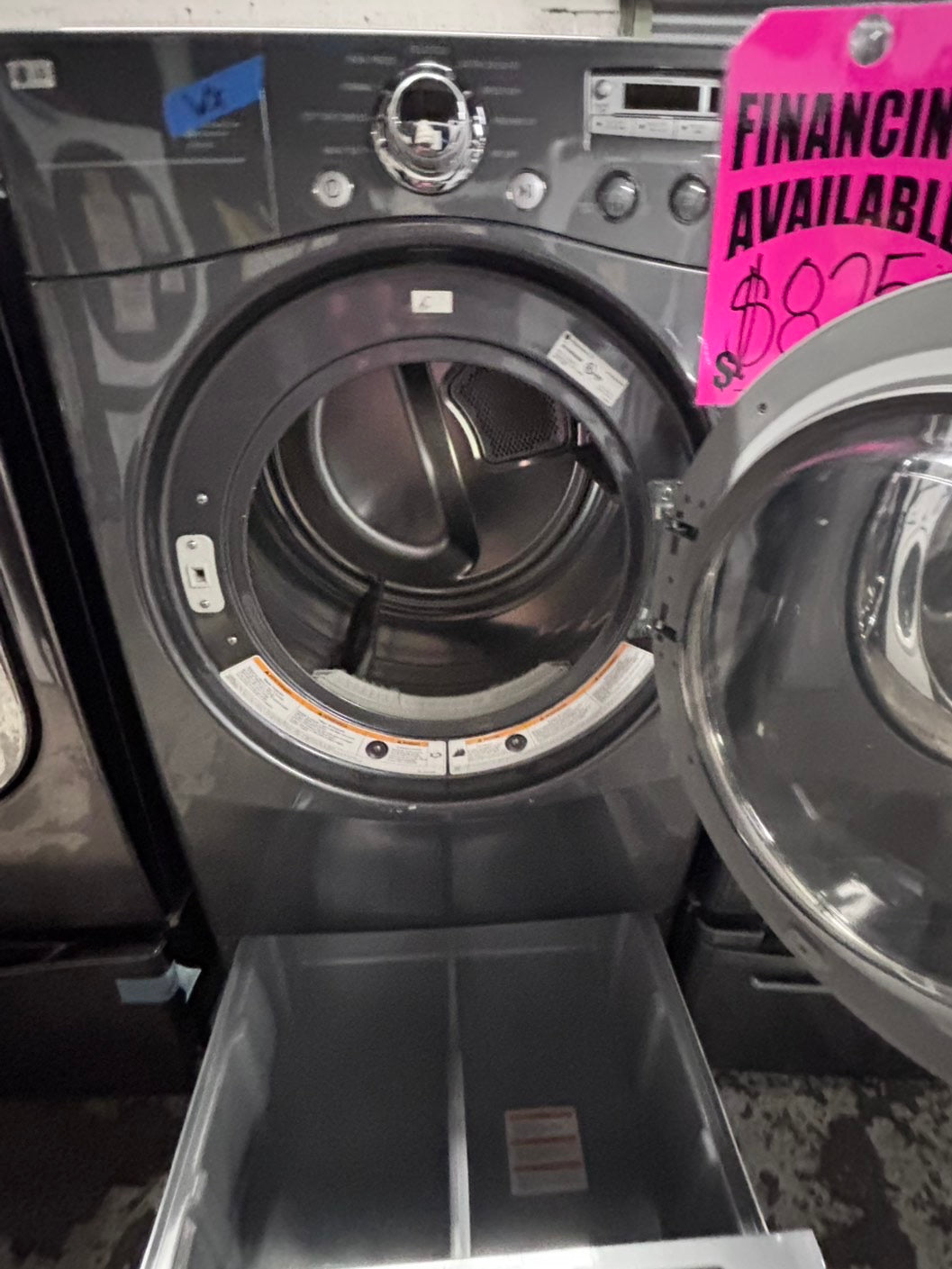 >used- refurbished LG front load washer & dryer set electric 220v large capacity with pedestals in gray stainless steel 27” #ELPV65B