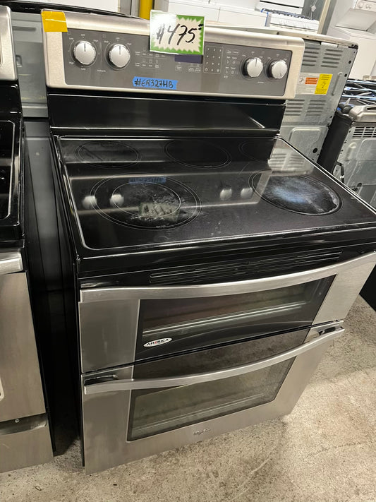 - Whirlpool glass top electric range 220v 5 burner warm zone bake broil steam clean Refurbished double oven stainless steel 30" #ER327HB