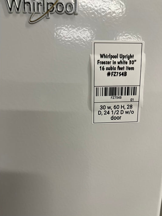 - Whirlpool Upright Freezer in white 30" 16 cubic feet Item #FZ754B