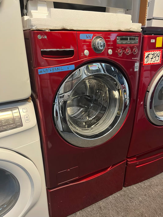 - LG front load washer & dryer set electric 220v large capacity w/pedestal extra storage in red 27” #WD783NL