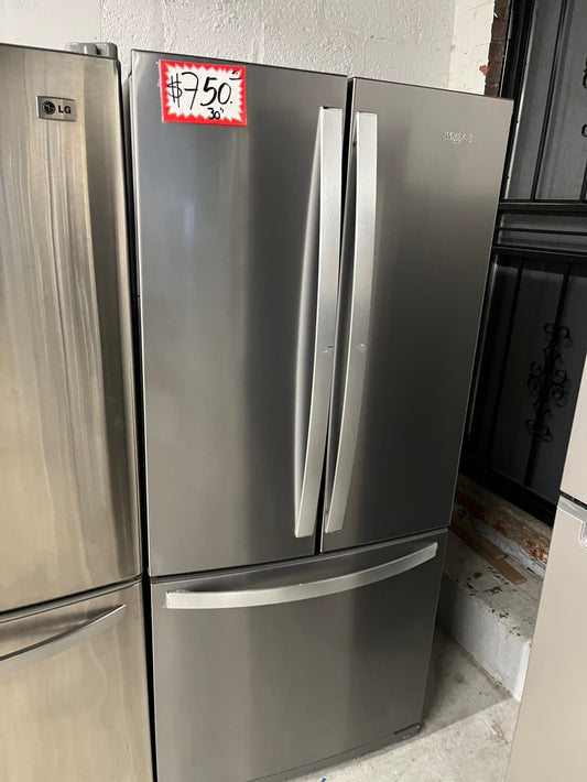 =Whirlpool 30” wide 20 cu. ft. French Door Refrigerator in Fingerprint Resistant Stainless Steel refurbished # RFWP20CB