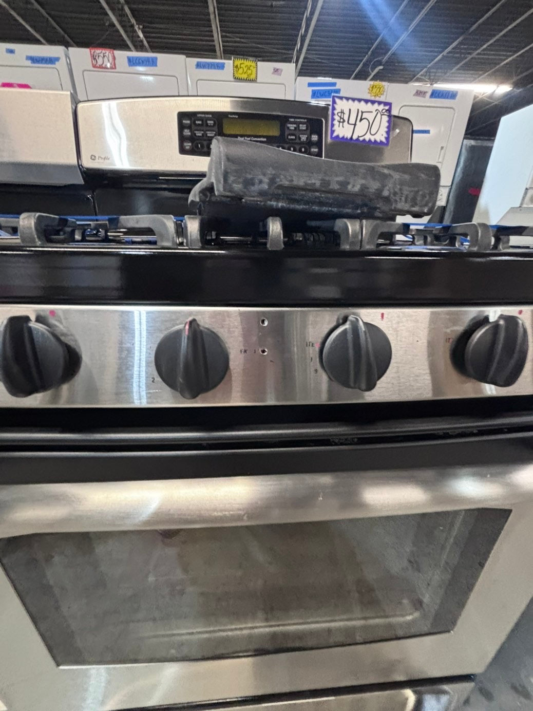 >>GE FUEL DUAL 220Vts Gas range 5 burner convection oven bake ,broil Hi/Lo self clean in stainless steel used-Refurbished 30” #SG11YSB