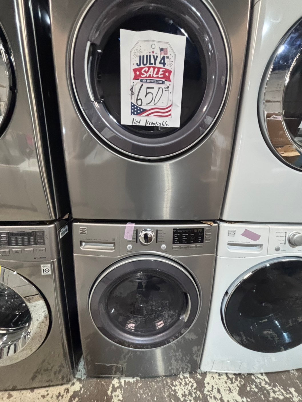 >*early July 4th special 🇺🇸kenmore washer & dryer set electric 220v front load stackable or side by side - sensor dry in gray color #GSS2BSET