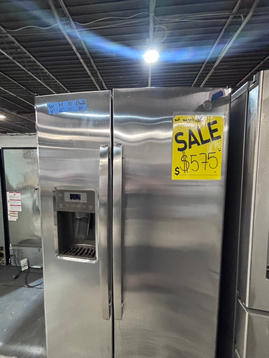 >*36” x 69h GE side by side Refrigerator and freezer stainless steel w/ice water dispenser 36” #AR29A3B