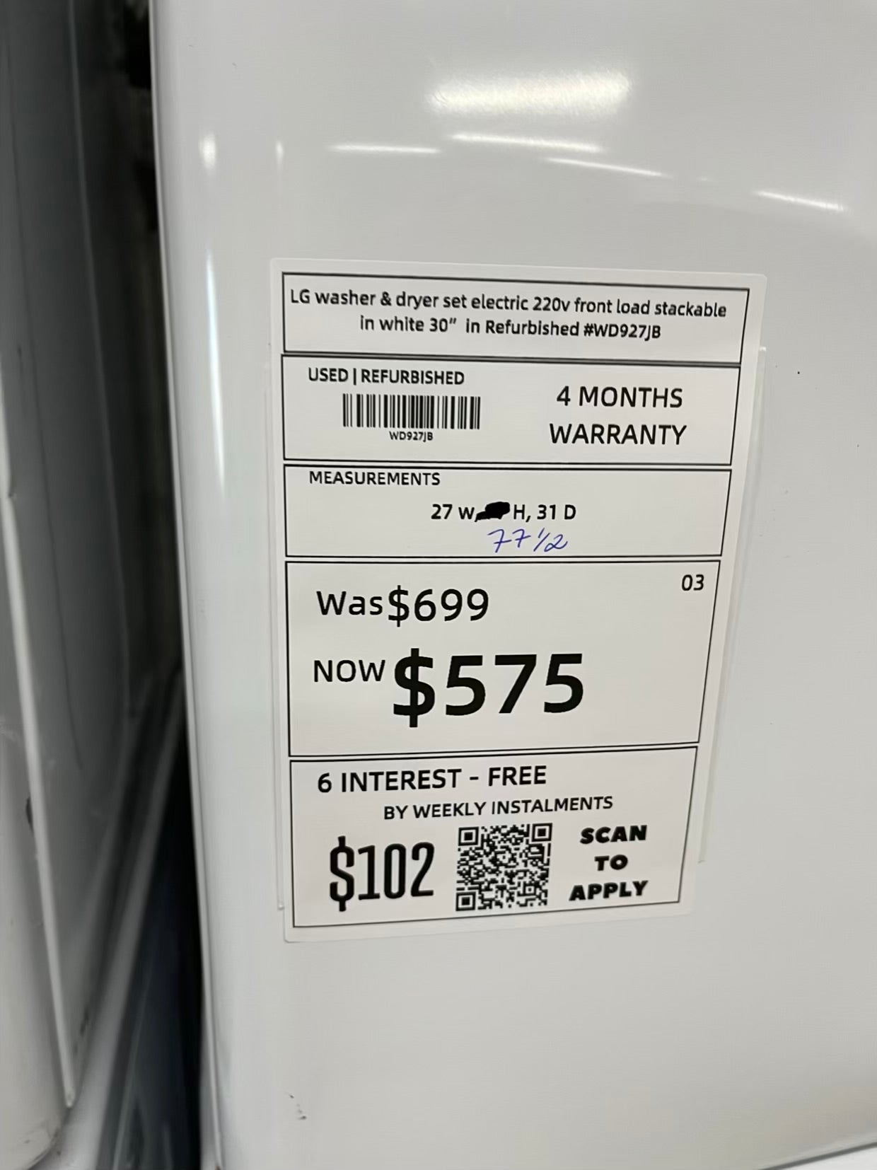LG washer & dryer set electric 220v front load stackable in white 30" in Refurbished #WD927JB