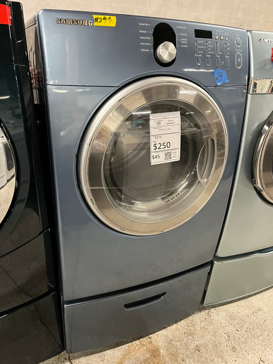 Samsung Dryer electric 220v in blue front load w/pedestal extra storage stainless steel drum large capacity 27" refurbished #ED347CB