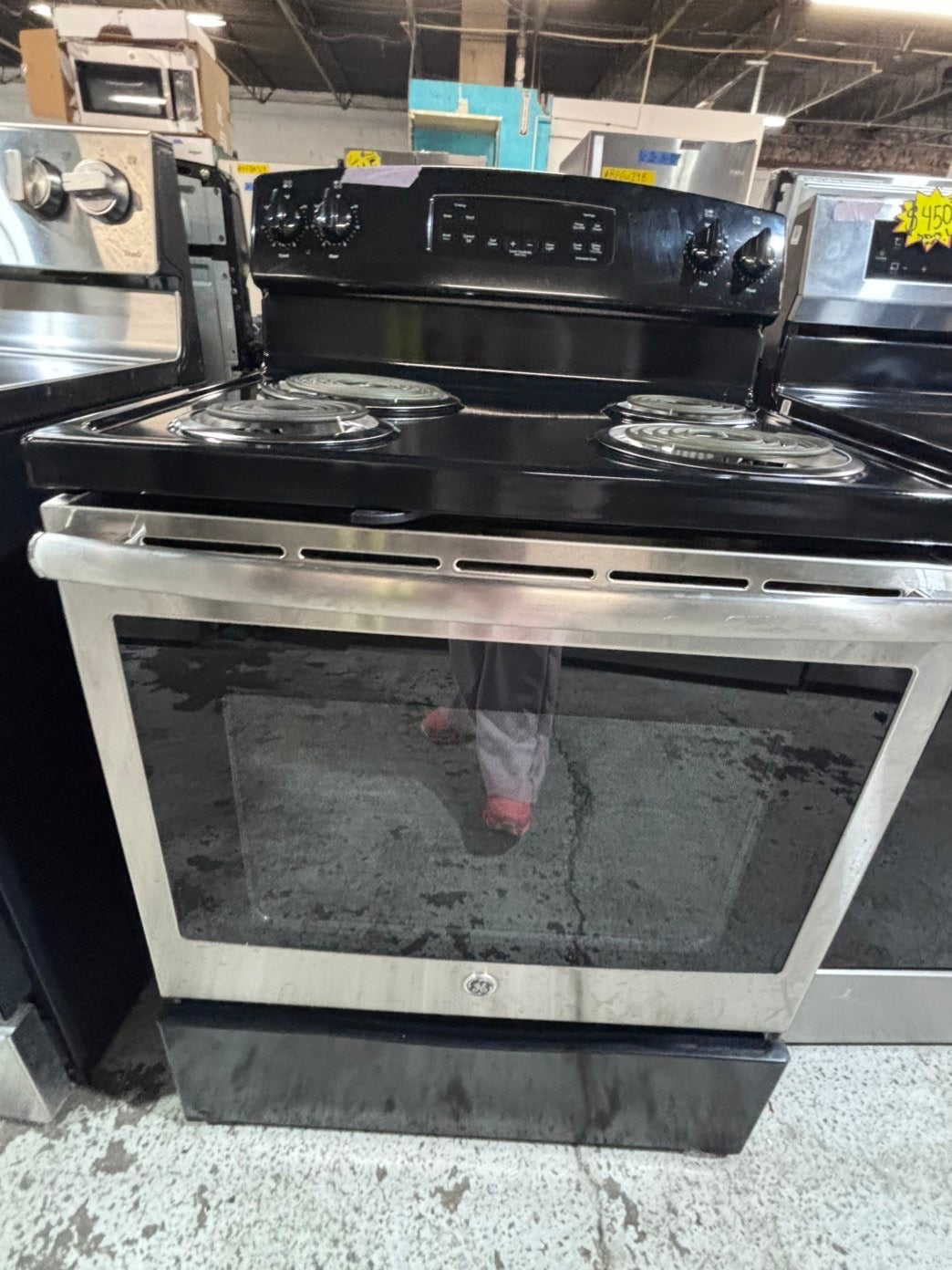 >*GE stainless steel & black electric coil top range coil 220v bake /Broil 4 burner used-Refurbished  great condition 30" #ESCC115B
