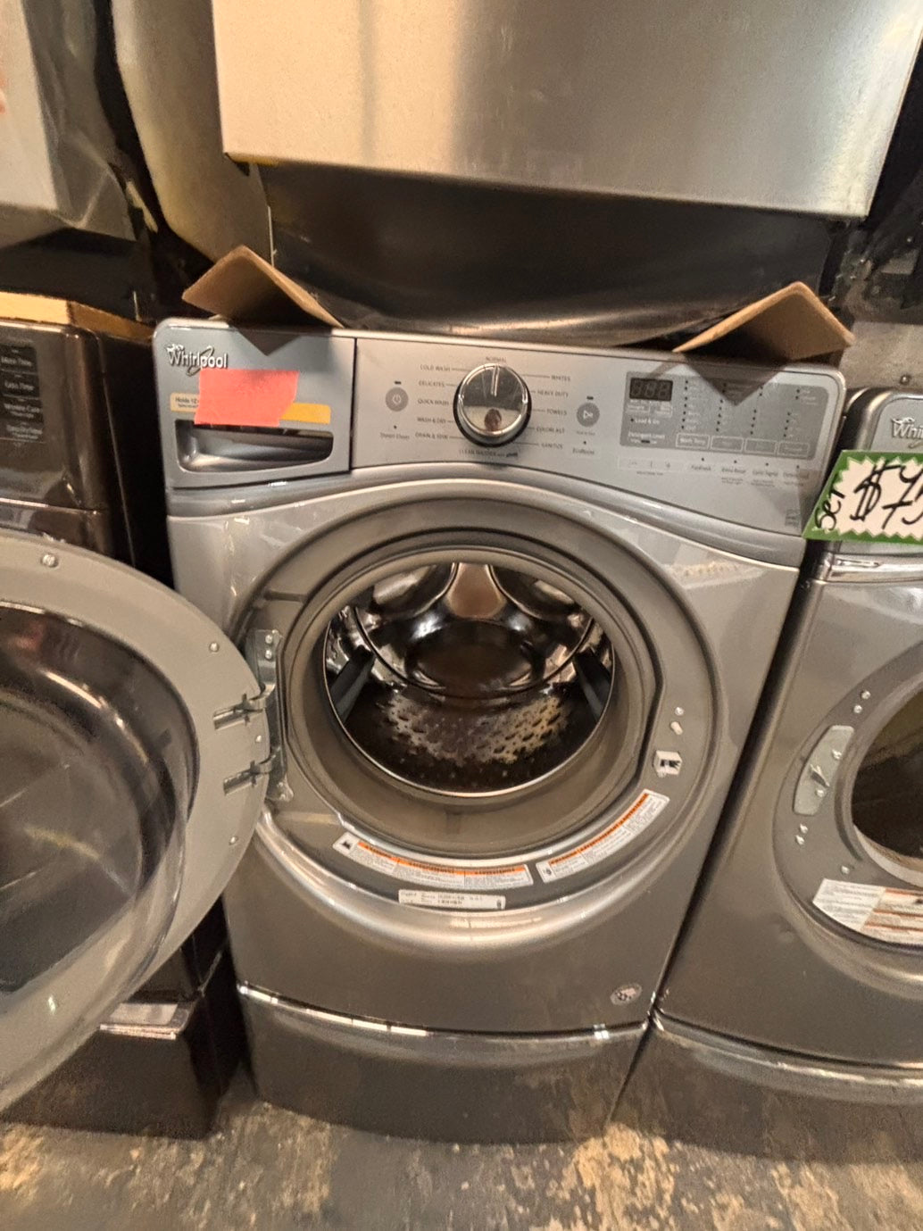 >*SALE🔥used- refurbished whirlpool front load electric 220v dryer & washer large  capacity with pedestals in silver color 27” #WSS8KV7B