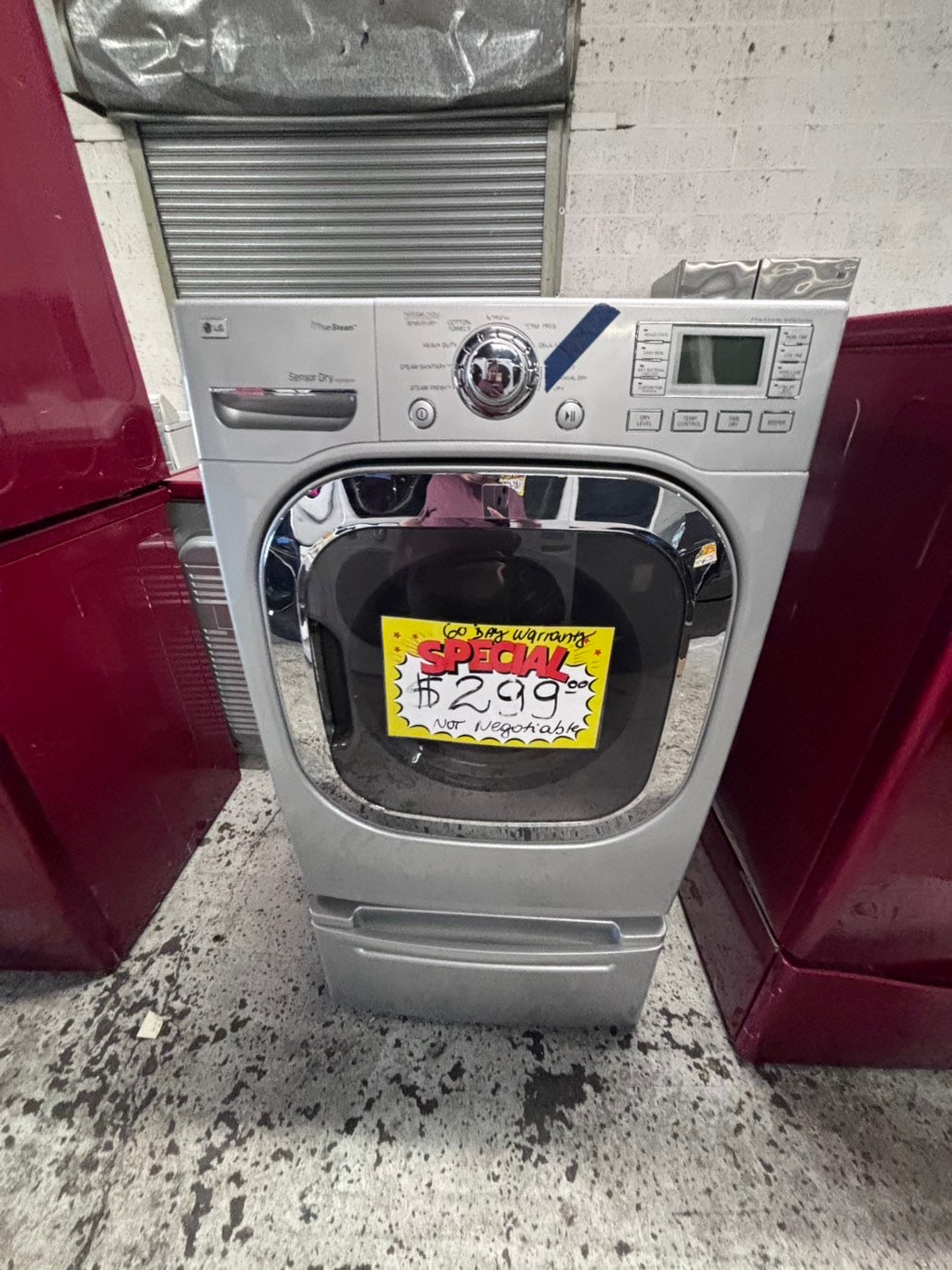 >*LG gray  Dryer electric 220v in front load w/pedestal extra storage stainless steel drum large capacity 27" used-refurbished #EGE44XB