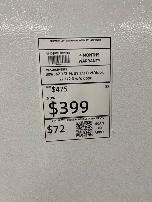 Kenmore up-right freezer white 30" #RF902RB Refurbished
