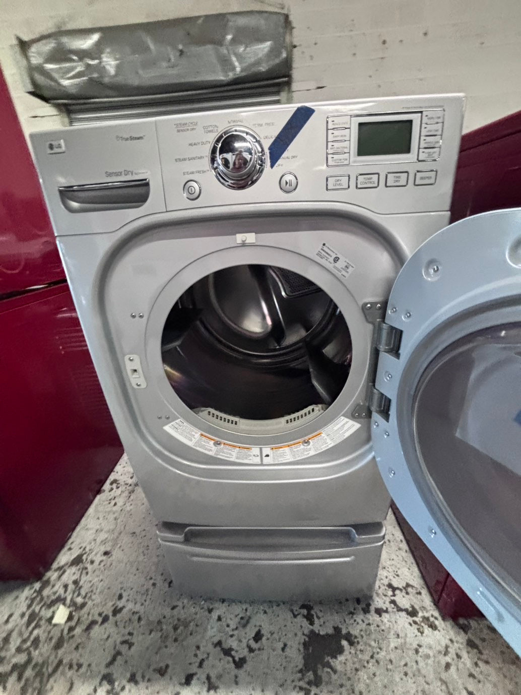 >*LG gray  Dryer electric 220v in front load w/pedestal extra storage stainless steel drum large capacity 27" used-refurbished #EGE44XB