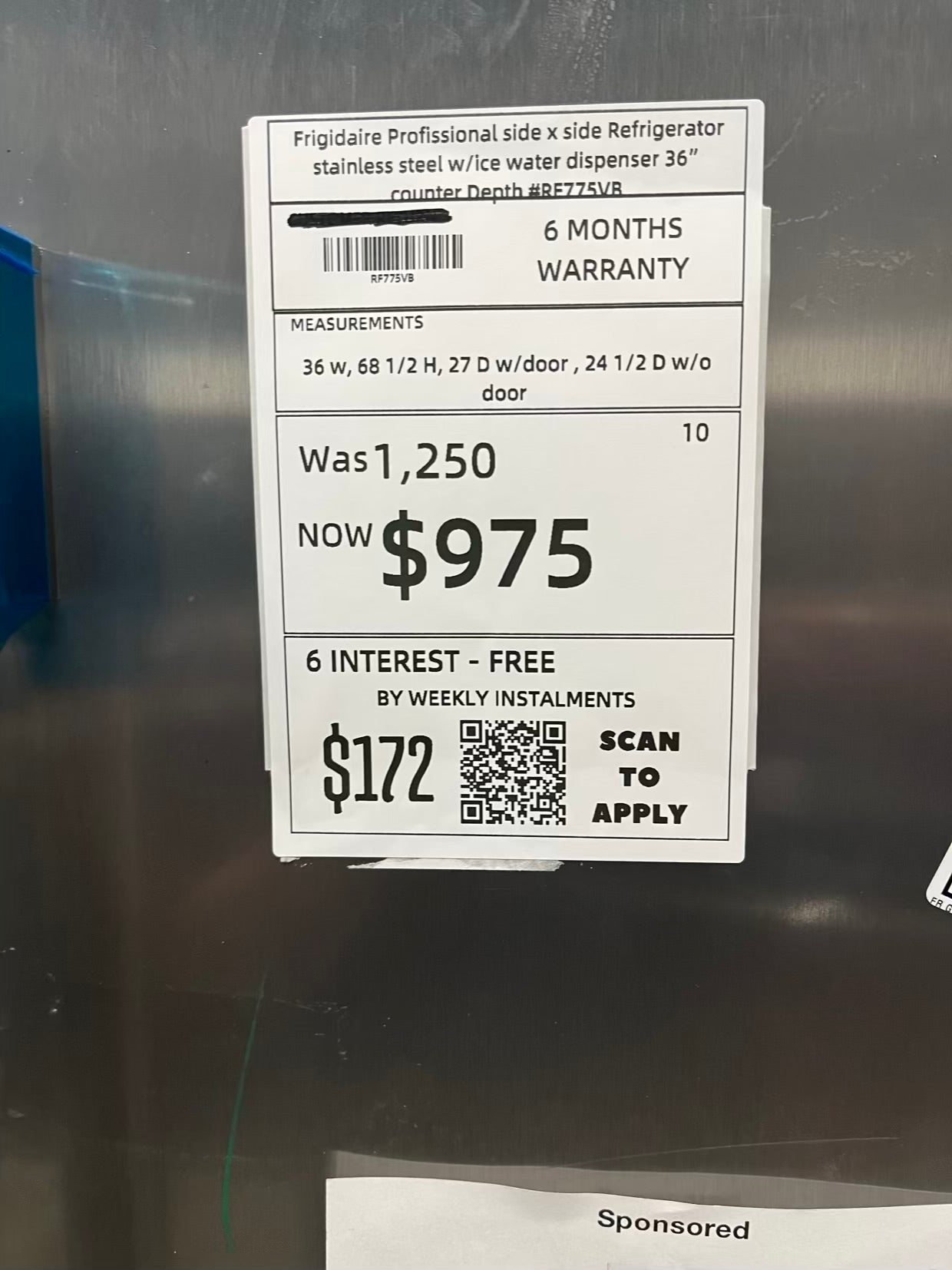 Open Box Frigidaire Profissional side x side Refrigerator stainless steel w/ice water dispenser 36" counter Depth #RE775VB