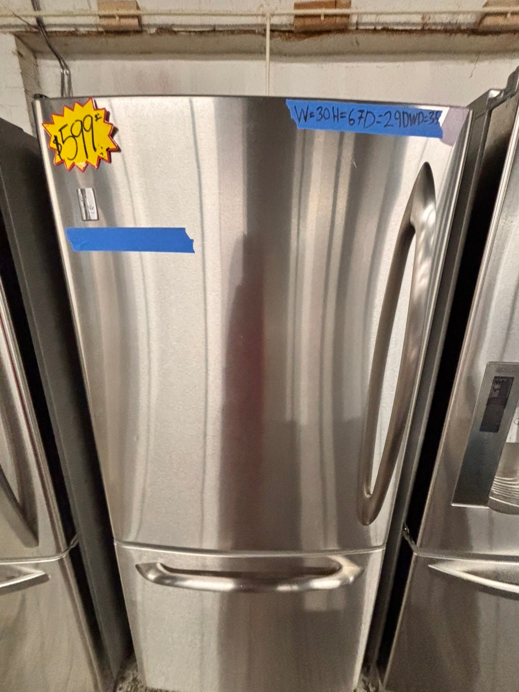 >GE 30” bottom freezer fridge stainless steel with iced maker inside used -refurbished 30” #G5K21B