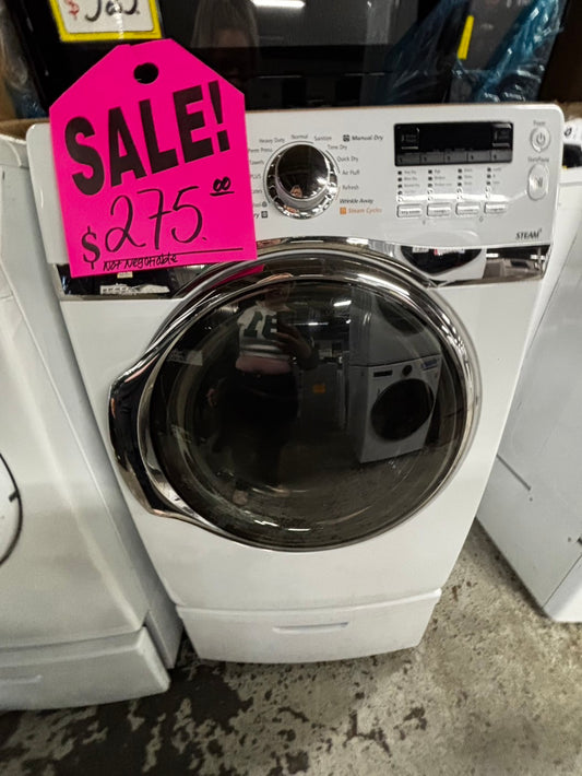 -Samsung Dryer steam electric 220v in white front load w/pedestal extra storage stainless steel drum large capacity 27" refurbished #ED3233VB