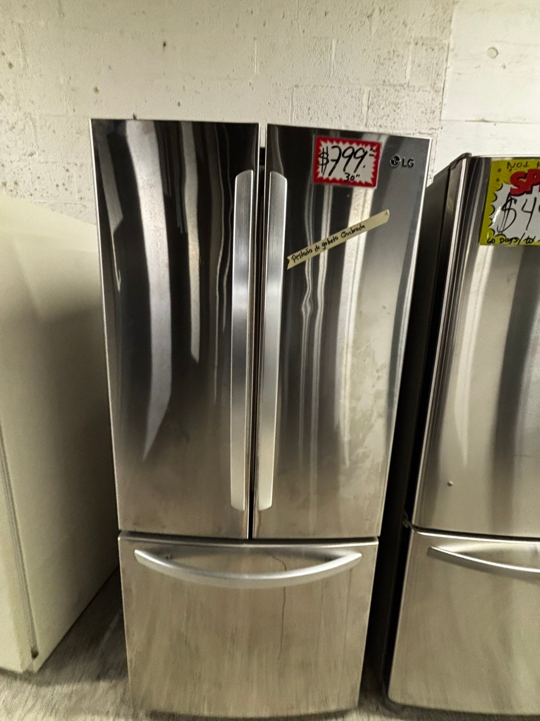 > LG 30” wide French Door Refrigerator in Stainless Steel with ice maker inside used-refurbished # RFD2BB