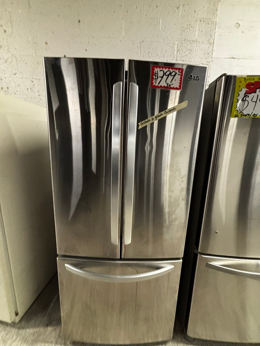 > LG 30” wide French Door Refrigerator in Stainless Steel with ice maker inside used-refurbished # RFD2BB