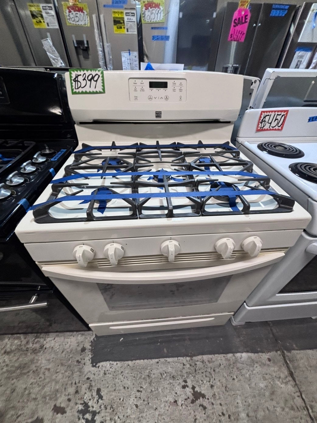>*July 4th SALE🔥Kenmore Gas range 5 burner bake broil Hi/Lo self clean in off white used-Refurbished 30” #FG66J2B