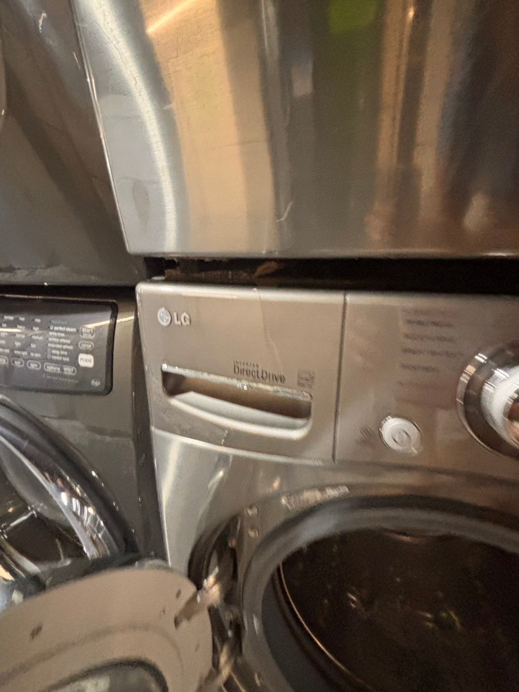 >*Used-great conditions refurbished LG steam washer 4.5cu ft & electric steam dryer 7.5 cu ft large capacity set electric 220v front load stackable or side by side - sensor dry He in silver-gray  #W995SET