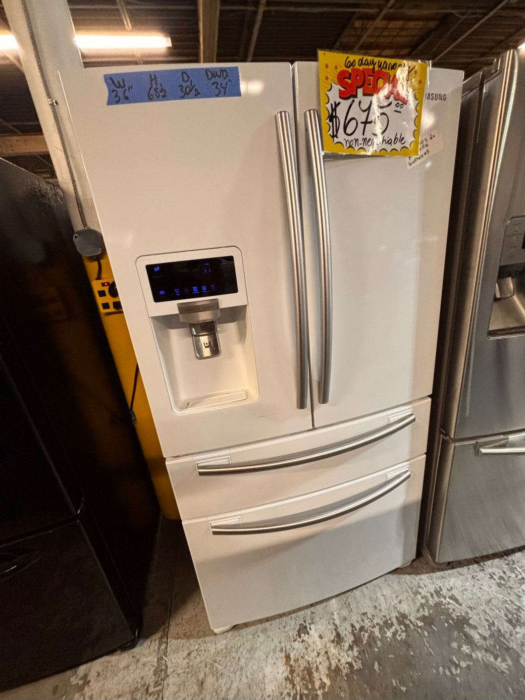 }}Samsung used-Refurbished 36”w x69h x 30” 4 doors  refrigerator white  w/ice & water dispenser  (👀The numbers on the screen are only partially visible).  #SSWF73B