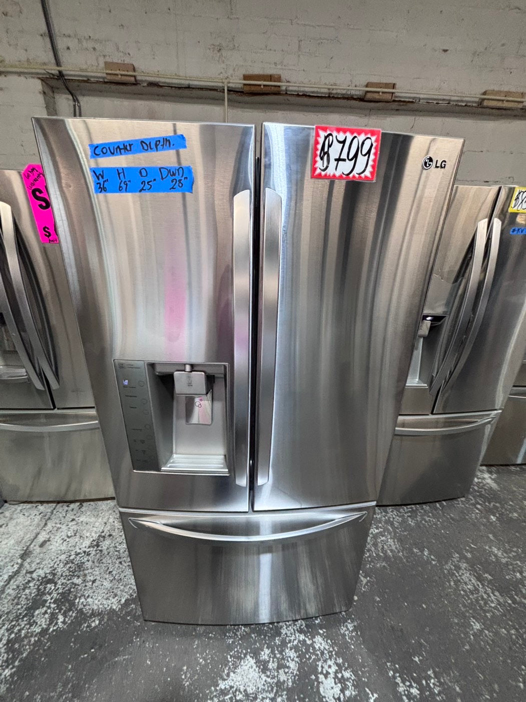 >>36” x69h 24”depth LG  French door Refrigerator counter depth stainless steel w/ ice water dispenser great condition 36" used-refurbished #KVVS24B