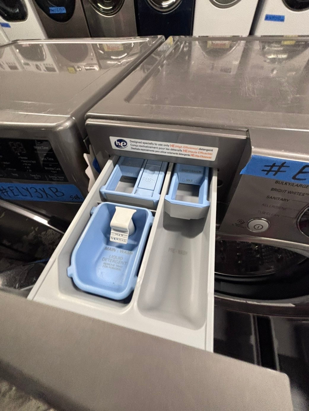 >used- refurbished LG front load washer & dryer set electric 220v large capacity with pedestals in stainless steel 27” #ELY3X45B