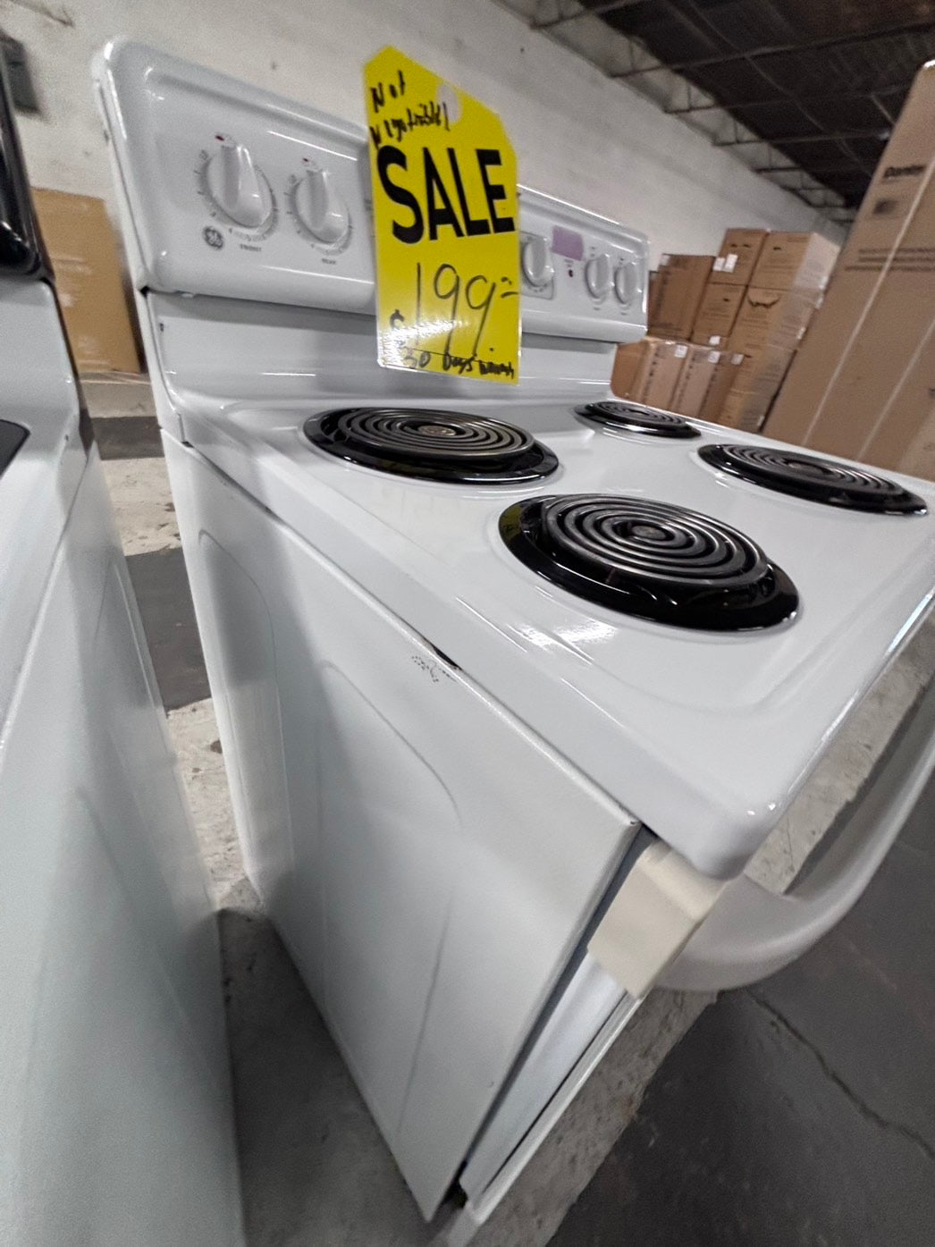 >GE Glass Top electric stove off white bake broil 4 burner warn zone Refurbished#ELR5TB