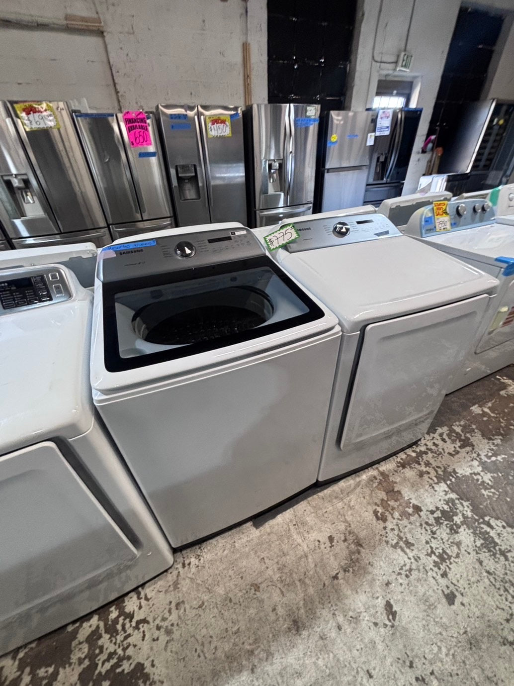 >*samsung white  top top load washer large capacity & dryer set electric 220v side x side top load stainless steel drum white color used-refurbished #W5CB3YB
