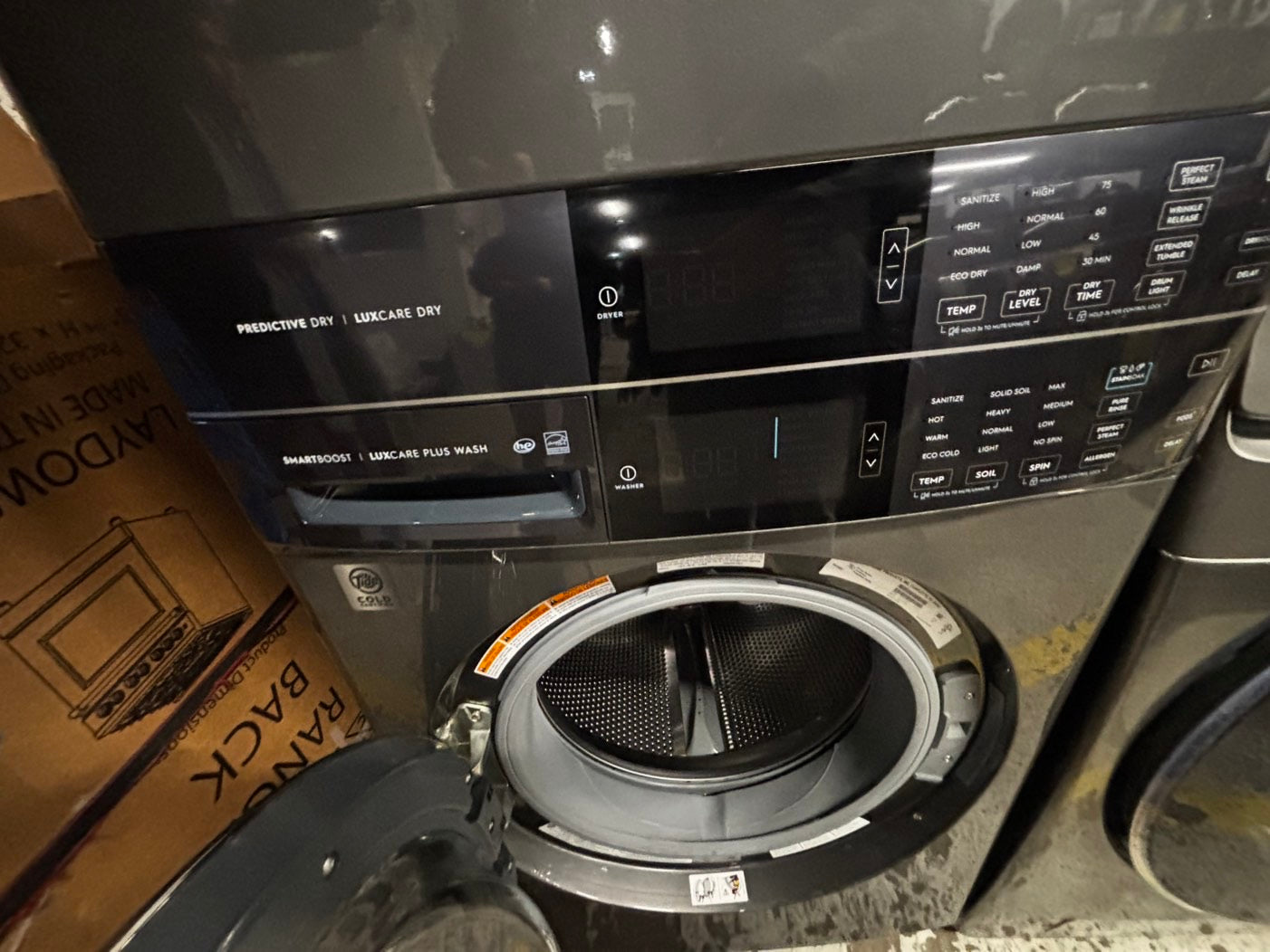 >gas Electrolux gas 27” wash-tower (washer & dryer) large capacity one unit staked  in dark gray color used refurbished #GD94G4B