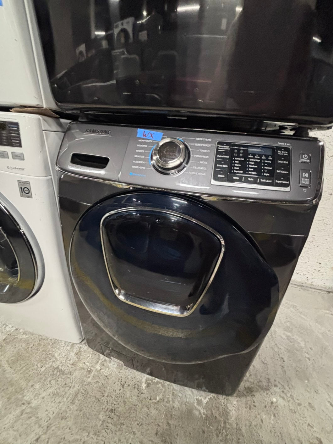 >samsung  front load washer 4.5 cu ft & dryer 7.5 cu ft set electric 220v front load stackable or side by side - sensor dry He in dark gray   #WDKS1B