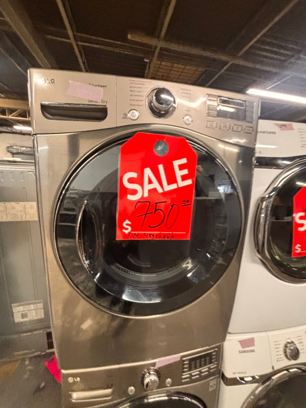 >*Used-great conditions refurbished LG steam washer 4.5cu ft & electric steam dryer 7.5 cu ft large capacity set electric 220v front load stackable or side by side - sensor dry He in silver-gray  #WR15SET