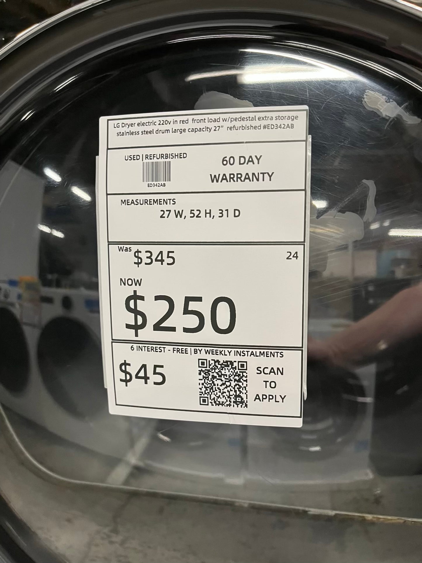Maytag Dryer electric 220v in red front load w/pedestal extra storage stainless steel drum large capacity 27" refurbished #ED342AB