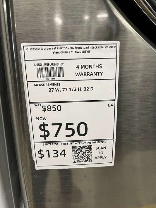 LG washer & dryer set electric 220v front load stackable stainless steel drum 27" #WD188YB Refurbished