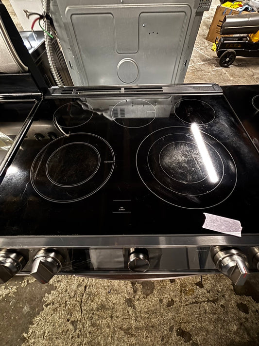 >Samsung convection oven slide in Glass top electric 220v flex-dúo oven range 5 burner warm zone bake broil self clean in black stainless steel 30" used-Refurbished #ERS74B