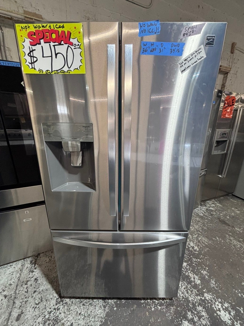 >*special🔥36”kenmore  French doors  fridge  stainless steel (ice maker  doesn’t work) only water 💦 dispenser works !doesn’t affect on the others functions. 36” #KE24WWB