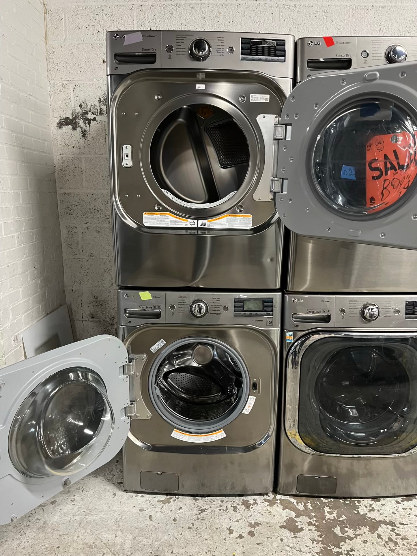 -LG washer & dryer set electric 220v front load jumbo size stackable stainless steel drum 29" #WD185VB Refurbished