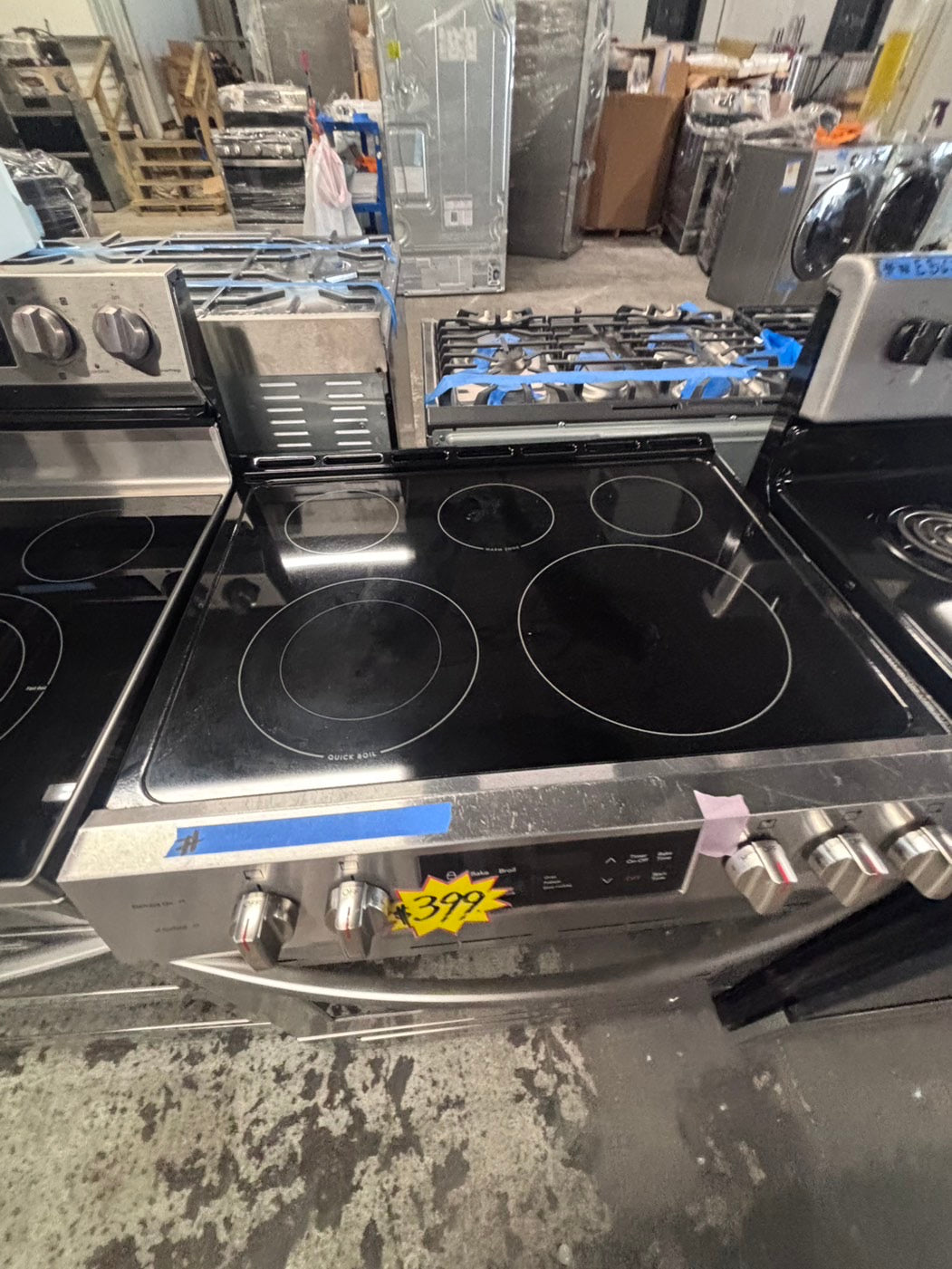 >Frigidaire slide in Glass top electric 220v range 5 burner warm zone bake broil self clean in stainless steel 30" used-Refurbished #ERSR27B