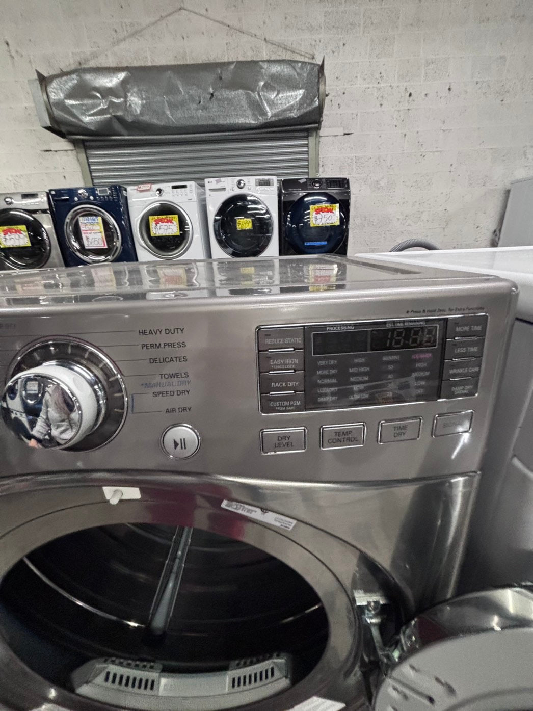 >used- refurbished LG front load washer & dryer set electric 220v large capacity with pedestals in stainless steel 27” #ELY3X45B