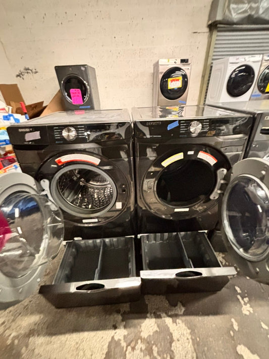 >used- refurbished Samsung front load washer & dryer set  electric 220v large  capacity with pedestals in dark gray color 27” #EAAV7B