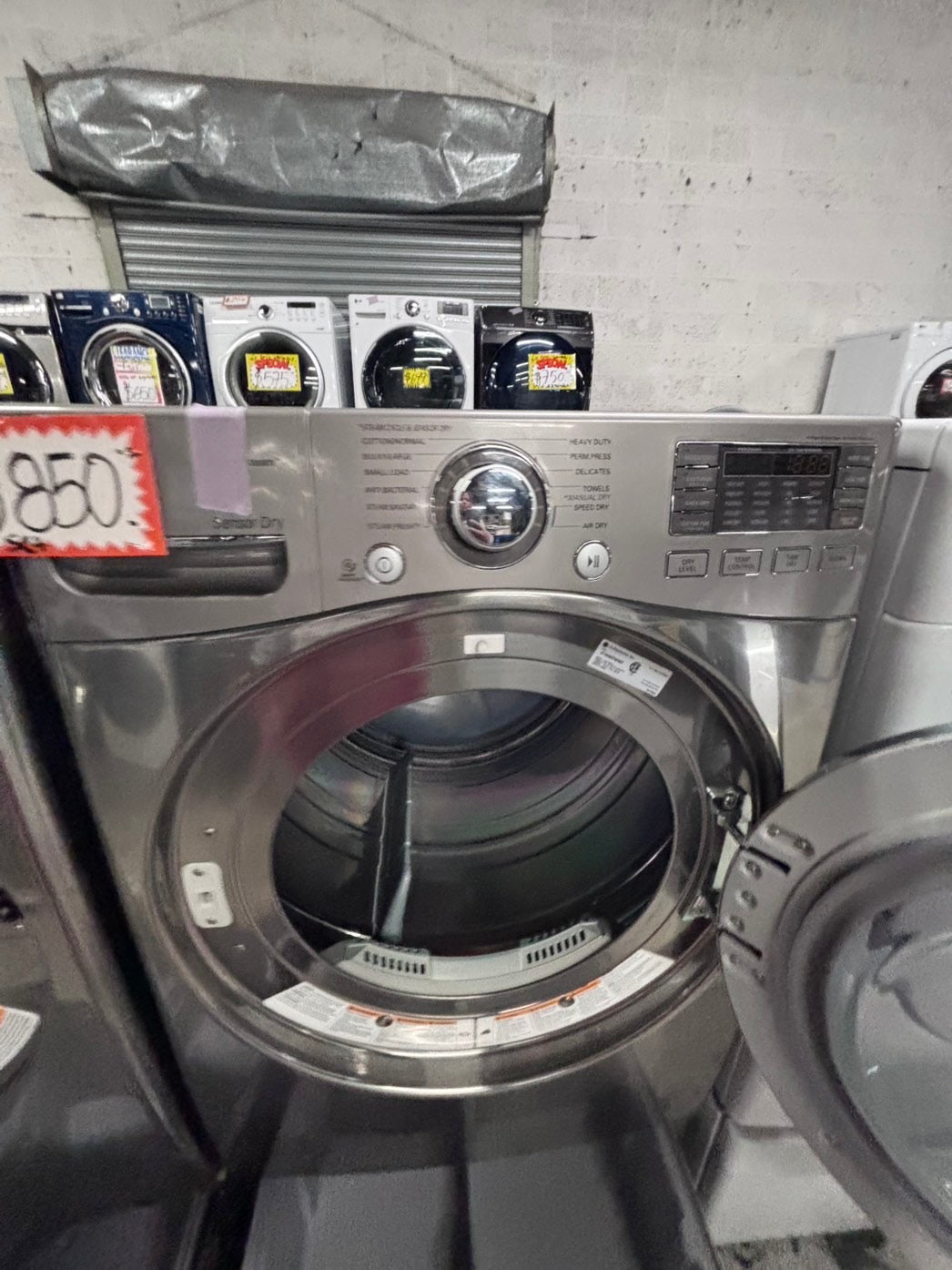 >used- refurbished LG front load washer & dryer set electric 220v large capacity with pedestals in stainless steel 27” #ELY3X45B