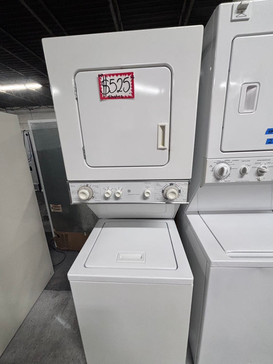 GE stacked laundry center Electric 220v washer & dryer set used -in white 24" #LC8G9PB