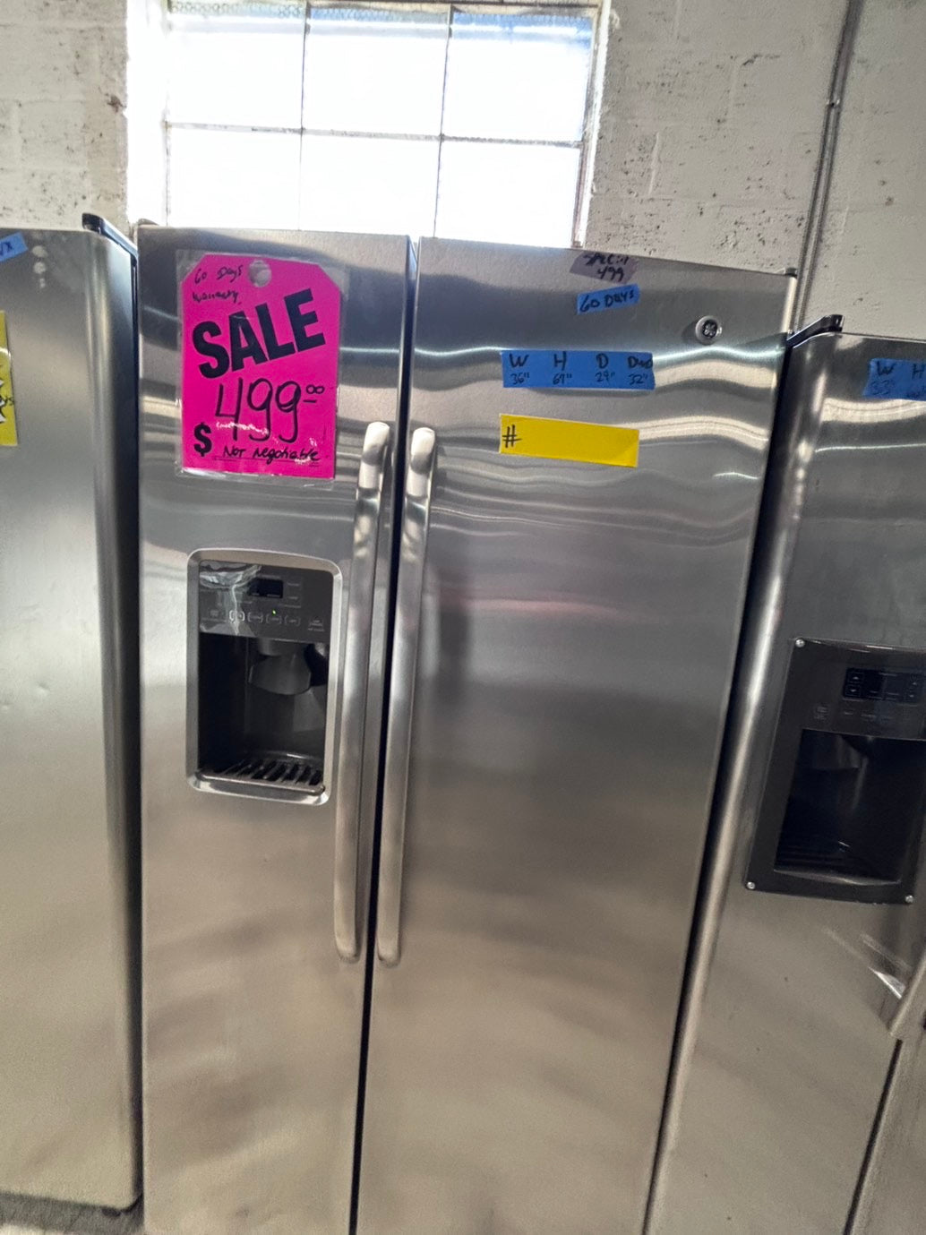 >*36” x 69h GE side by side Refrigerator and freezer stainless steel w/ice water dispenser 36” #SBTT7B