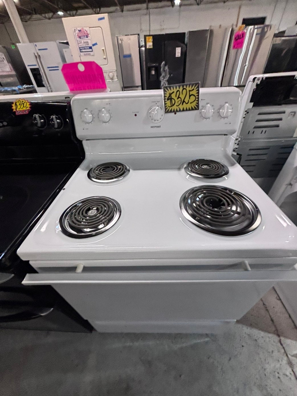 >*hot point white electric coil top range coil 220v bake /Broil 4 burner used-Refurbished  great condition 30" #HEF95B