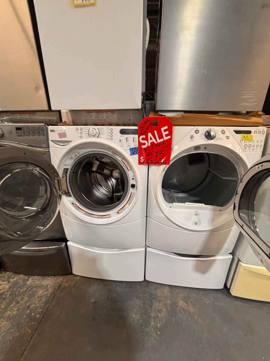 >*SALE🔥used- refurbished Kenmore washer & whirlpool dryer mix & match front load electric 220v large  capacity with pedestals in white  color 27” #ES8KV7B