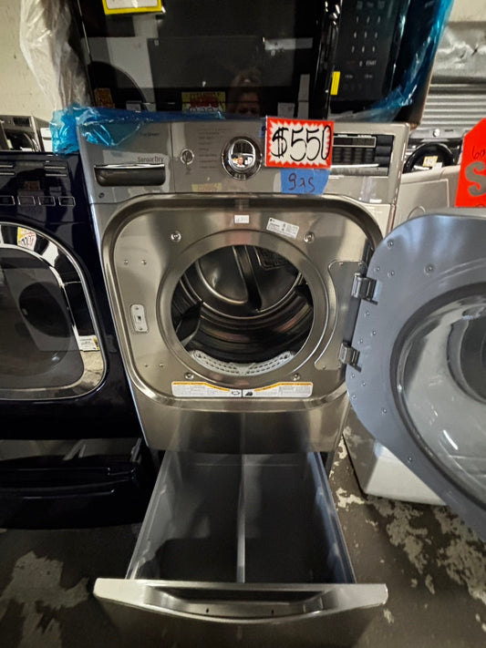 LG gas steam Dryer 29” mega capacity -gray front load w/pedestal extra storage stainless steel drum large capacity used- refurbished #GD339WB