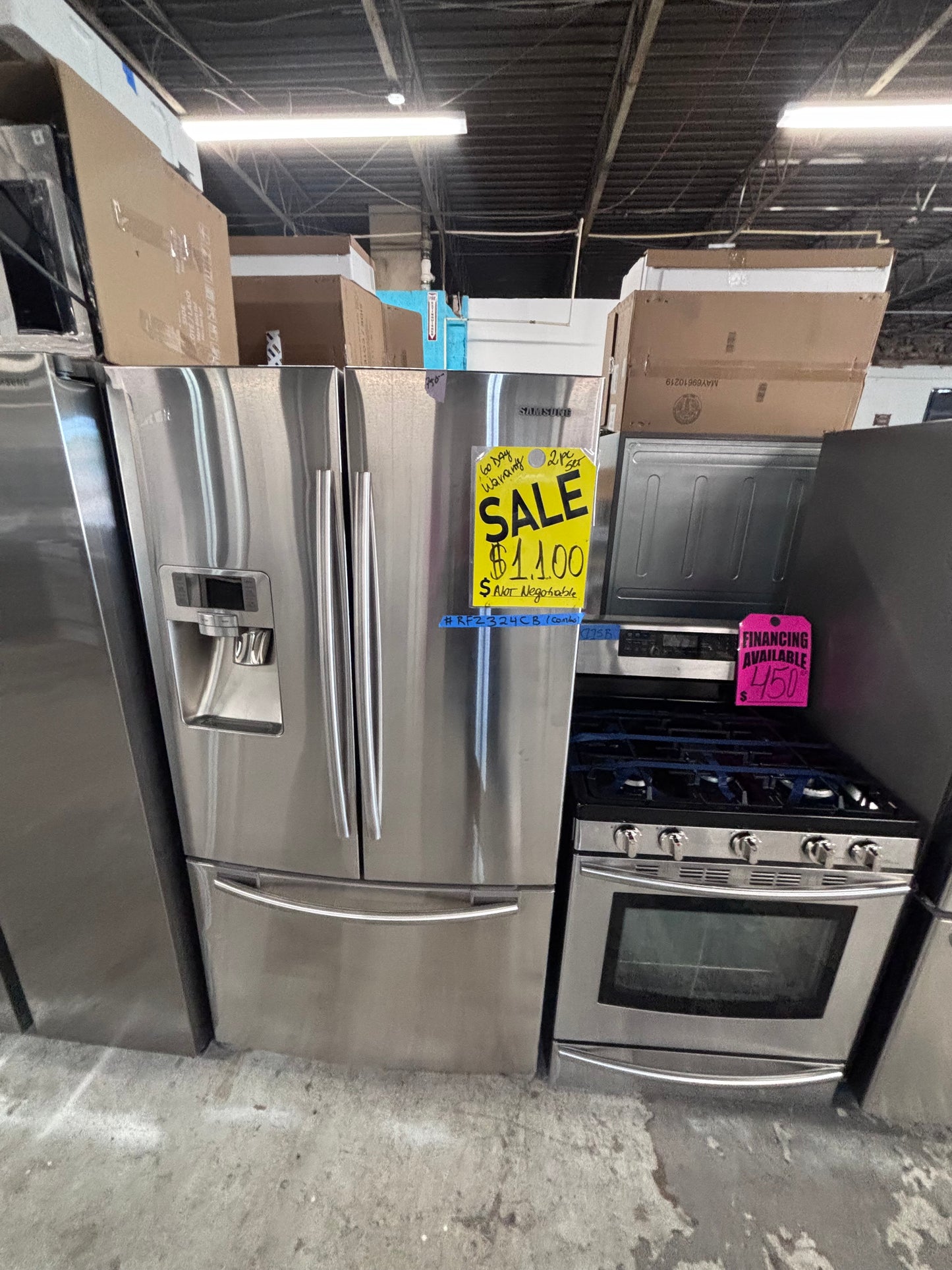 >Special 🎈2pc. Samsung Combo used refurbished -counter depth french door refrigerator 36” x 69h x 25depth ,, Samsung 36” w/ice maker & water dispenser & gas range five burners  #RFZ324CB