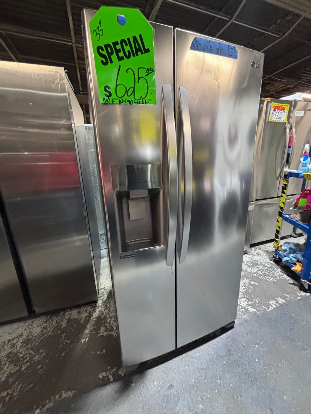 }SALE🔥🔥LG 33”x 66.1/2 h x 29”depth side by side Refrigerator and freezer with ice & water #LG33Z73B